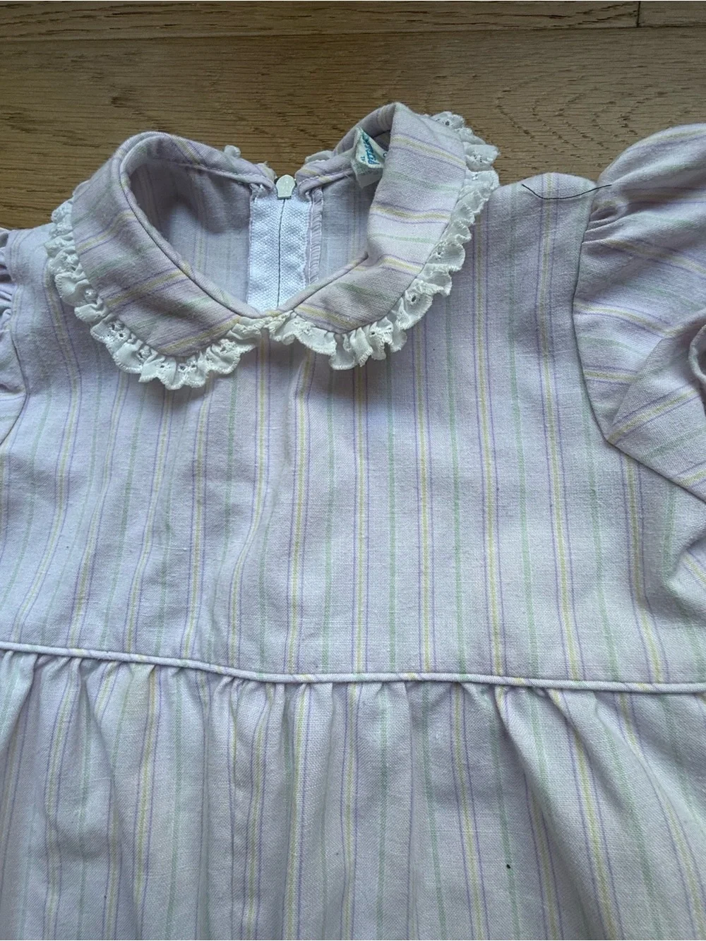 Vintage “By Thomas”  Baby Girl Romper – Pink Stripe Ruffle Collar 18 months